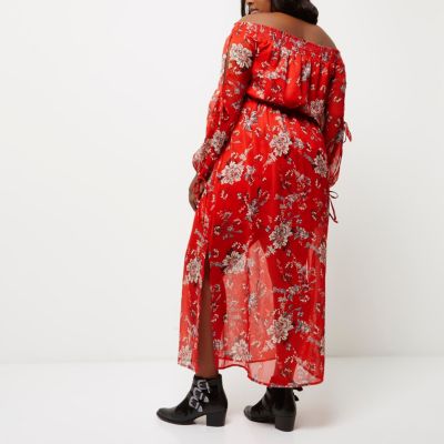 Plus red floral print bardot maxi dress